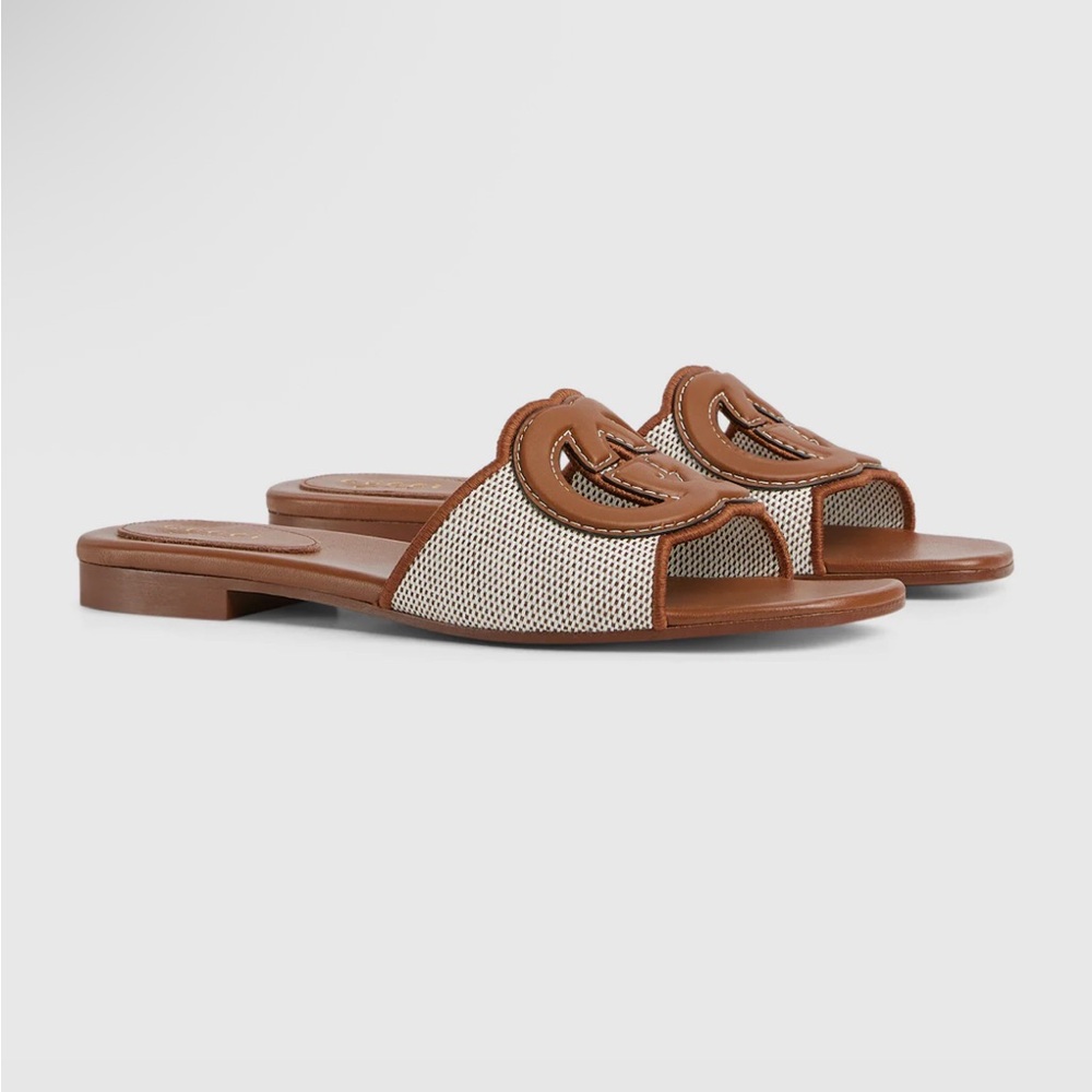 Gucci Women's slide sandal w/ Interlocking G canvas brown leather size 38 US 8